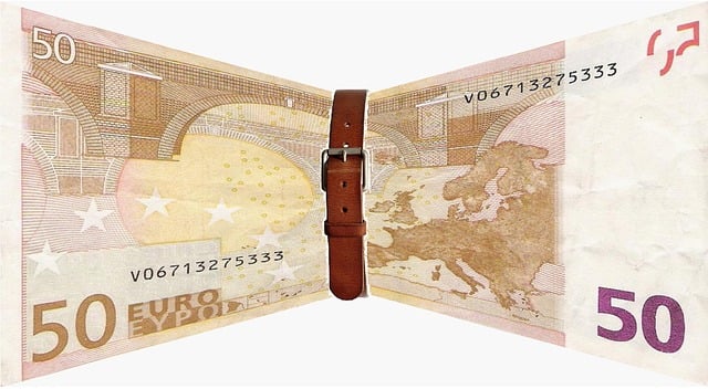 Ein 50 euro-Schein der mit einem Gürtel zusammengeschnürt wird